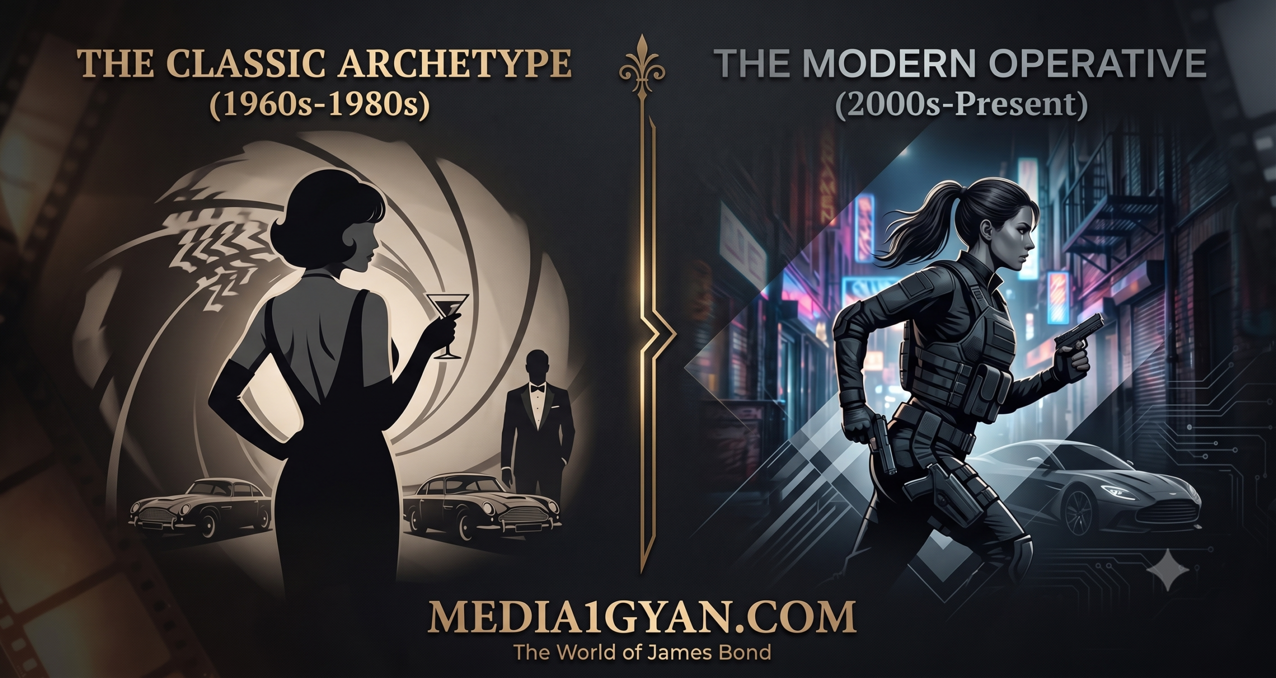 A dual panel cinematic graphic on Media1Gyan.com illustrating the evolution of the Bond Girl. The left side is a retro monochrome silhouette of an elegant woman in a gown (classic archetype). The right side is a modern, tactical operative running in a neon alley (modern archetype). Both panels include thematic icons like Aston Martins and specific Bond technology.