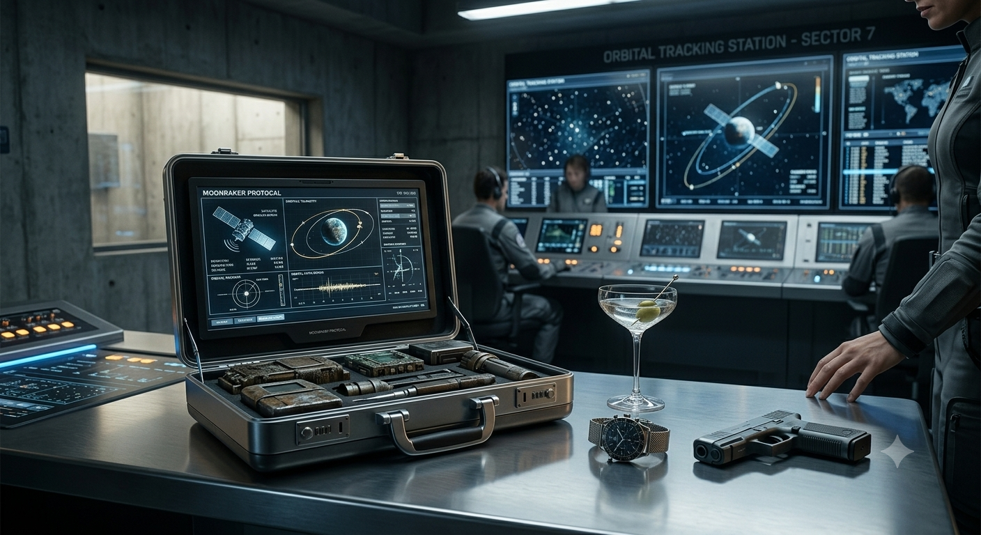 high-end cinematic spy gadgets briefcase on a metallic desk inside a NASA space research control room representing Dr Holly Goodhead tech profile on Media1Gyan