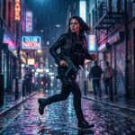 A female secret agent running through a rain-slicked neon alleyway at night in a cinematic spy action sequence.