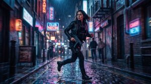 A female secret agent running through a rain-slicked neon alleyway at night in a cinematic spy action sequence.