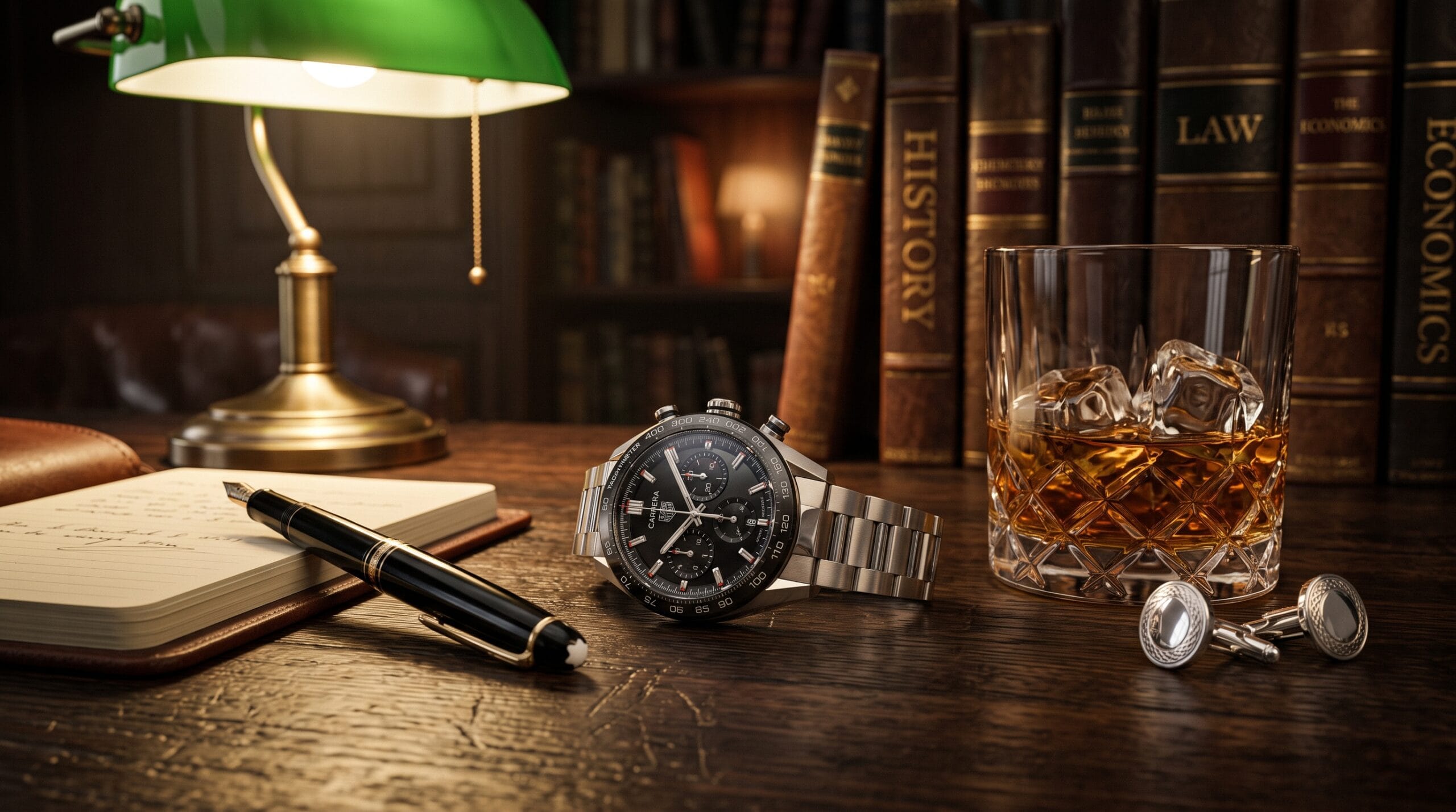 Classic secret agent lifestyle essentials: luxury watch, fountain pen and whiskey in a wood-panelled study