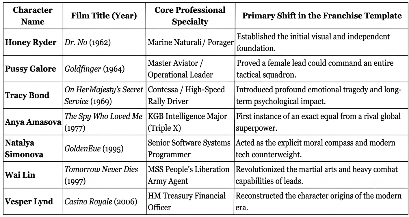 A comprehensive data table graphic on Media1Gyan comparing iconic James Bond girls by their character name, film title, core professional specialty, and franchise shift for 007 evolution.