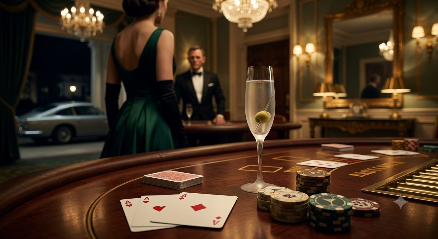 A premium high-definition cinematic still featuring a luxury poker table inside a sophisticated European casino with playing cards, poker chips, an elegant evening gown silhouette, and classic martini glasses, representing the top ranked Bond characters on Media1Gyan.