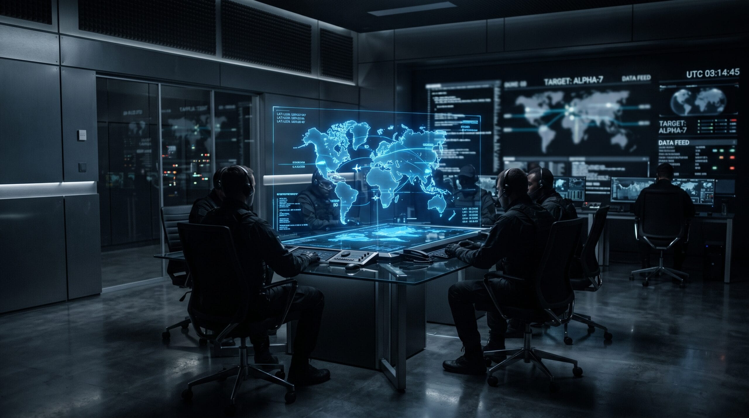 High-tech modern intelligence briefing room with holographic displays