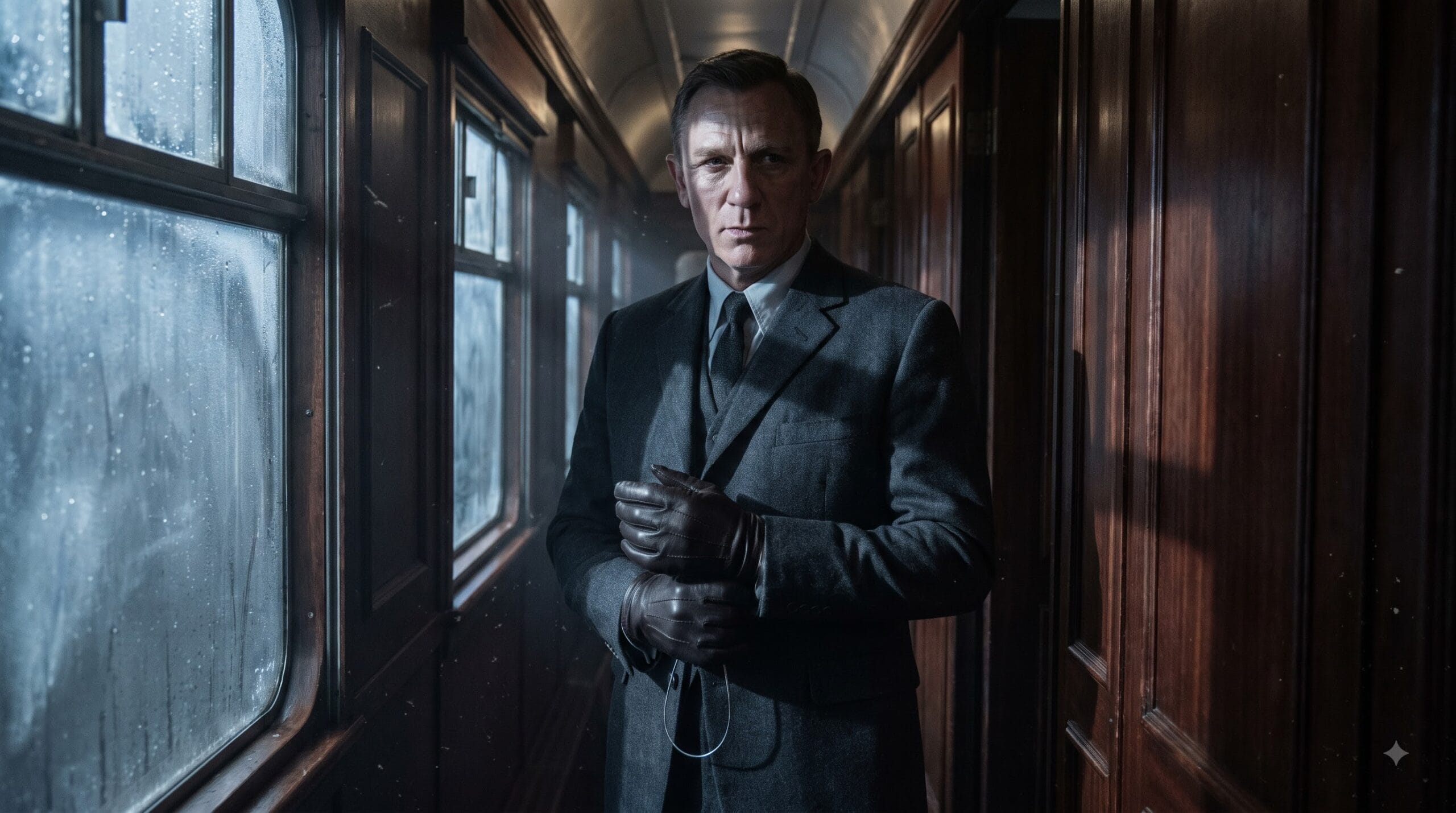 Lethal assassin in a train corridor, evoking the underrated Bond henchmen of 007 history