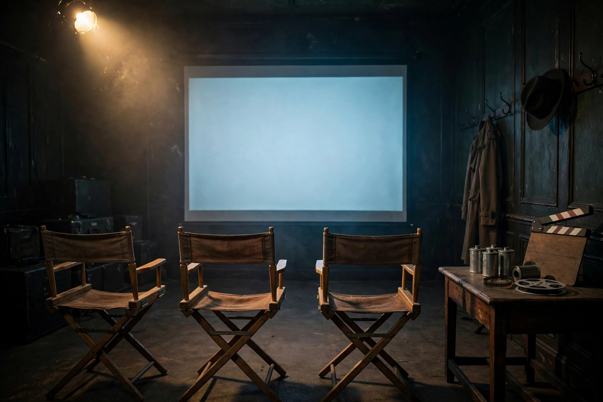 James Bond screen tests 2026 finalists audition room with director's chairs and projection screen