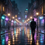 Is Jacob Elordi the new James Bond — cinematic silhouette of a spy in a tailored suit in rainy London at night