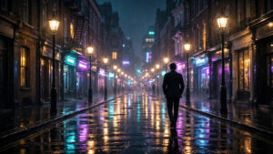 Is Jacob Elordi the new James Bond — cinematic silhouette of a spy in a tailored suit in rainy London at night