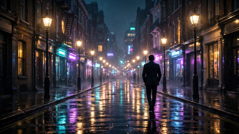Is Jacob Elordi the new James Bond — cinematic silhouette of a spy in a tailored suit in rainy London at night