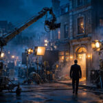 James Bond screen tests 2026: a tuxedo-clad silhouette on a London film set at night