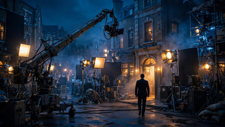 James Bond screen tests 2026: a tuxedo-clad silhouette on a London film set at night