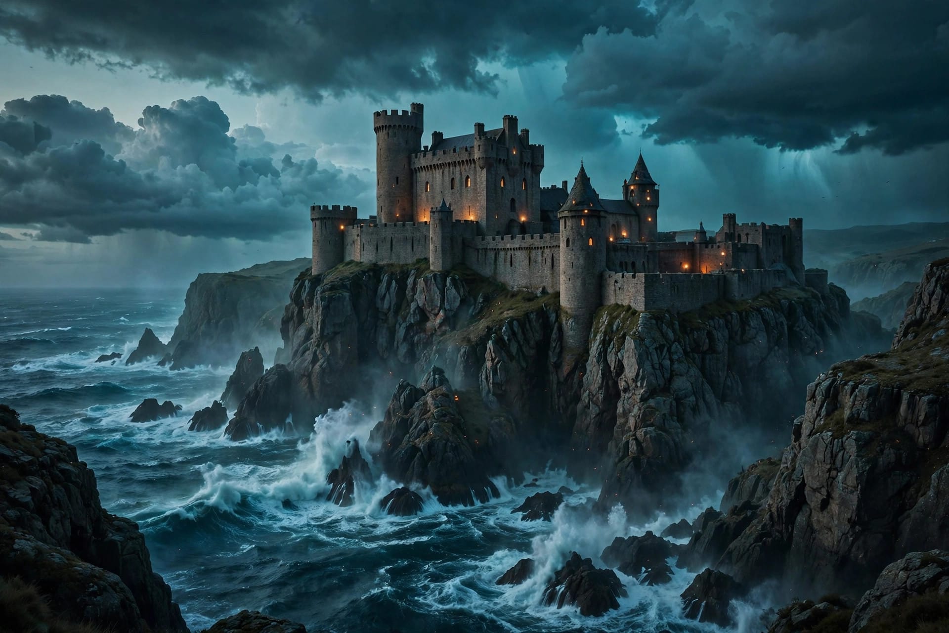 Ancient cliffside castle at dusk — the epic fantasy world where Ewan Mitchell became famous before the James Bond villain rumor