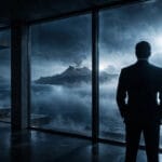 Ewan Mitchell James Bond villain rumor — silhouetted figure in a villain's lair overlooking a volcanic island