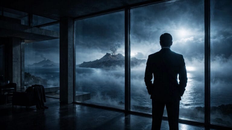Ewan Mitchell James Bond villain rumor — silhouetted figure in a villain's lair overlooking a volcanic island