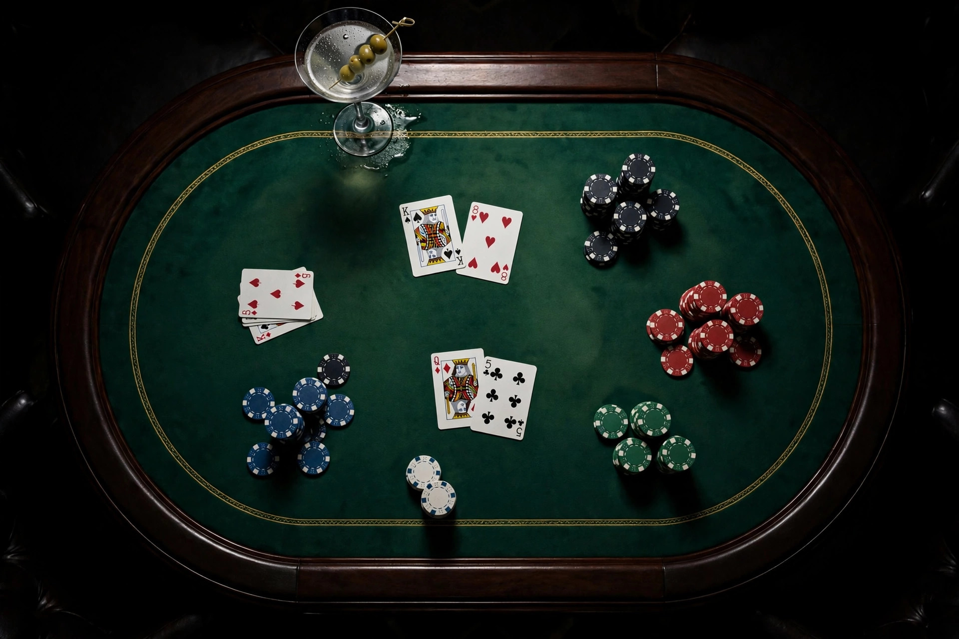 James Bond 26 casting rumours — luxury casino baccarat table with cards and chips under dramatic cinematic light