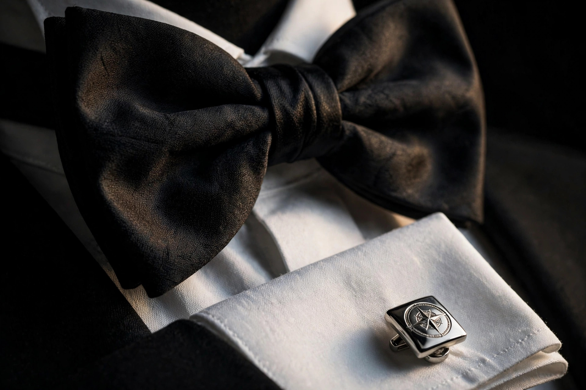 Jacob Elordi as James Bond tuxedo speculation — cinematic close-up of bow tie and cufflink detail on dark background