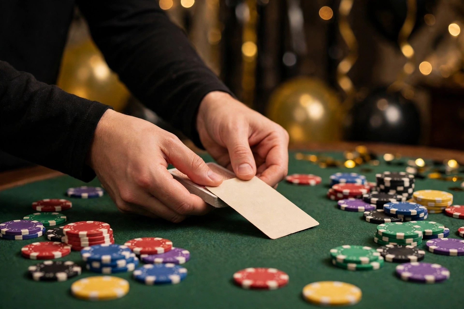 James Bond theme party ideas casino night with playing cards and play poker chips on a table