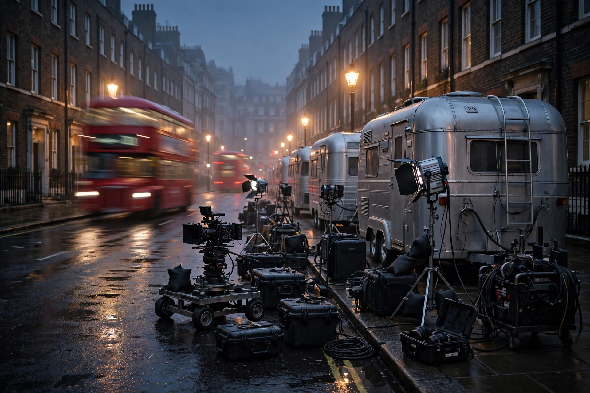 London film set at dusk during the James Bond screen tests 2026