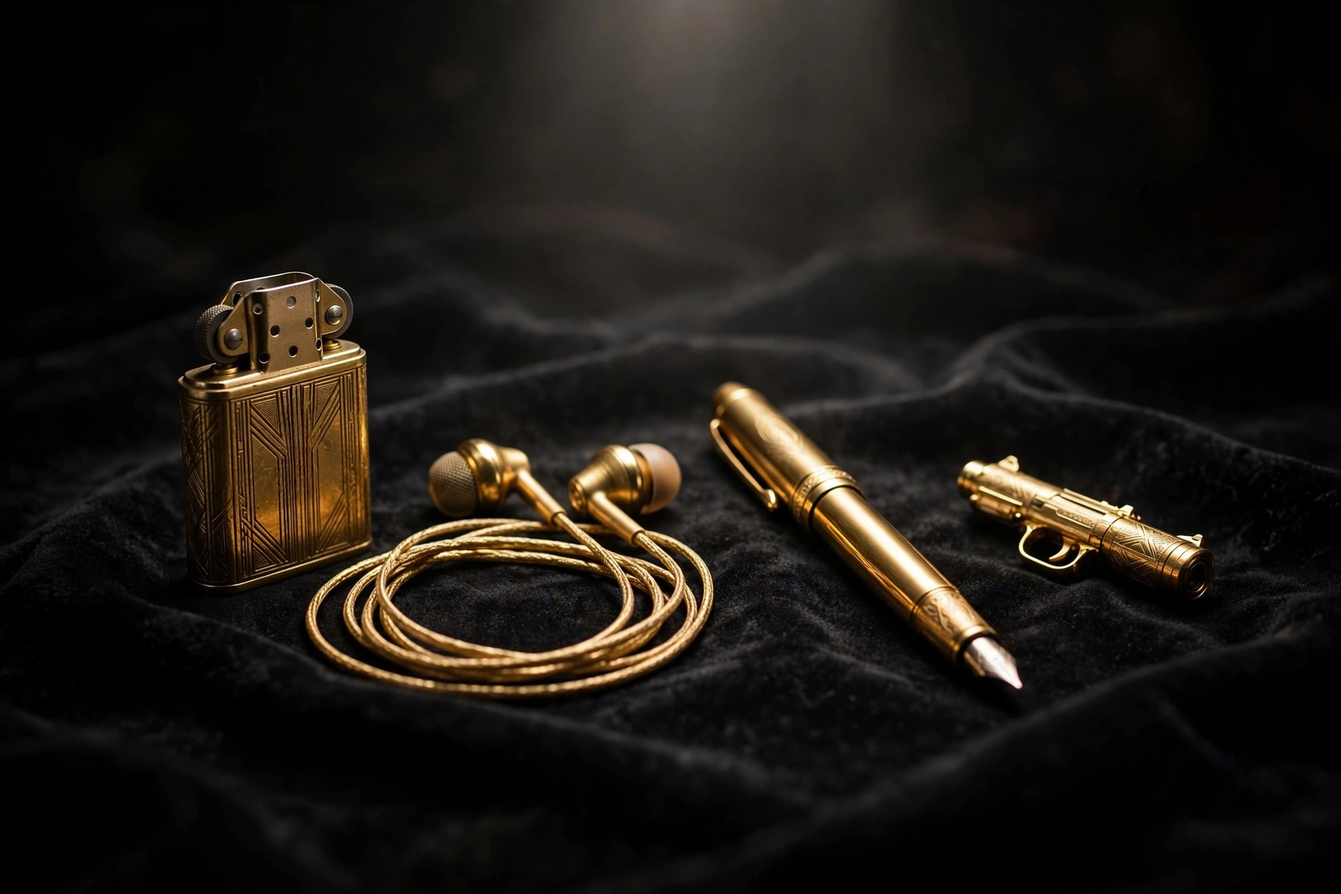 Gold-toned spy gadgets on black velvet representing the 007 First Light Switch 2 Deluxe Edition pre-order bonuses