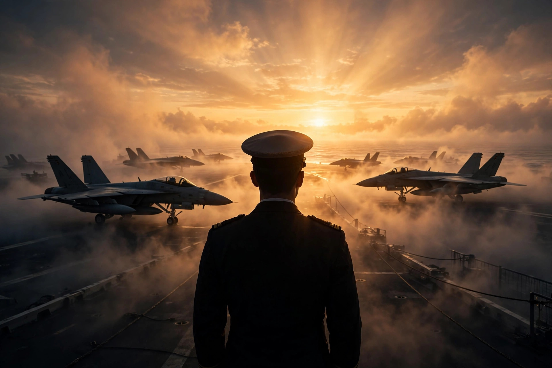 Young naval officer silhouette on an aircraft carrier at dawn illustrating the 007 First Light origin story