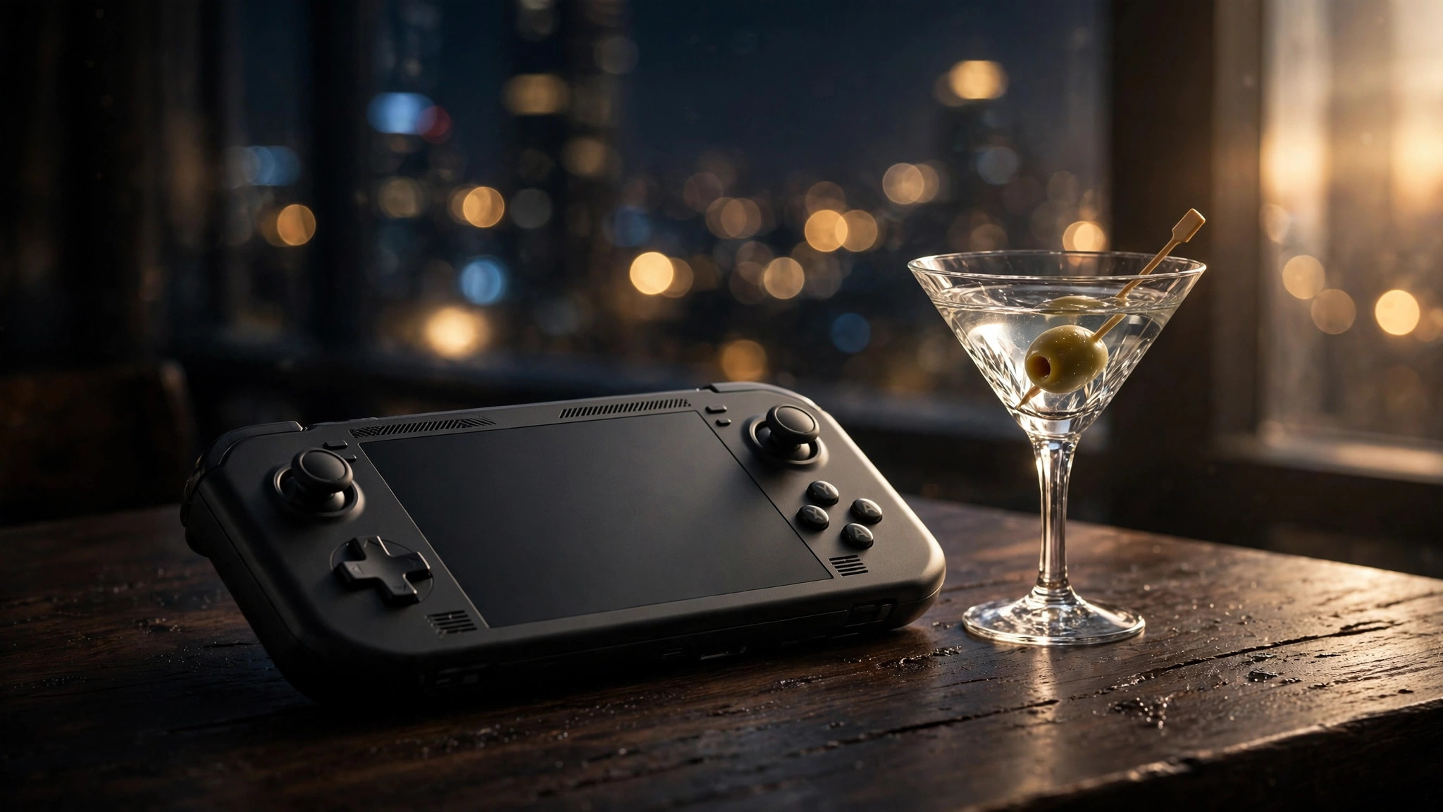 Handheld gaming console beside a martini glass representing the 007 First Light Switch 2 release date announcement