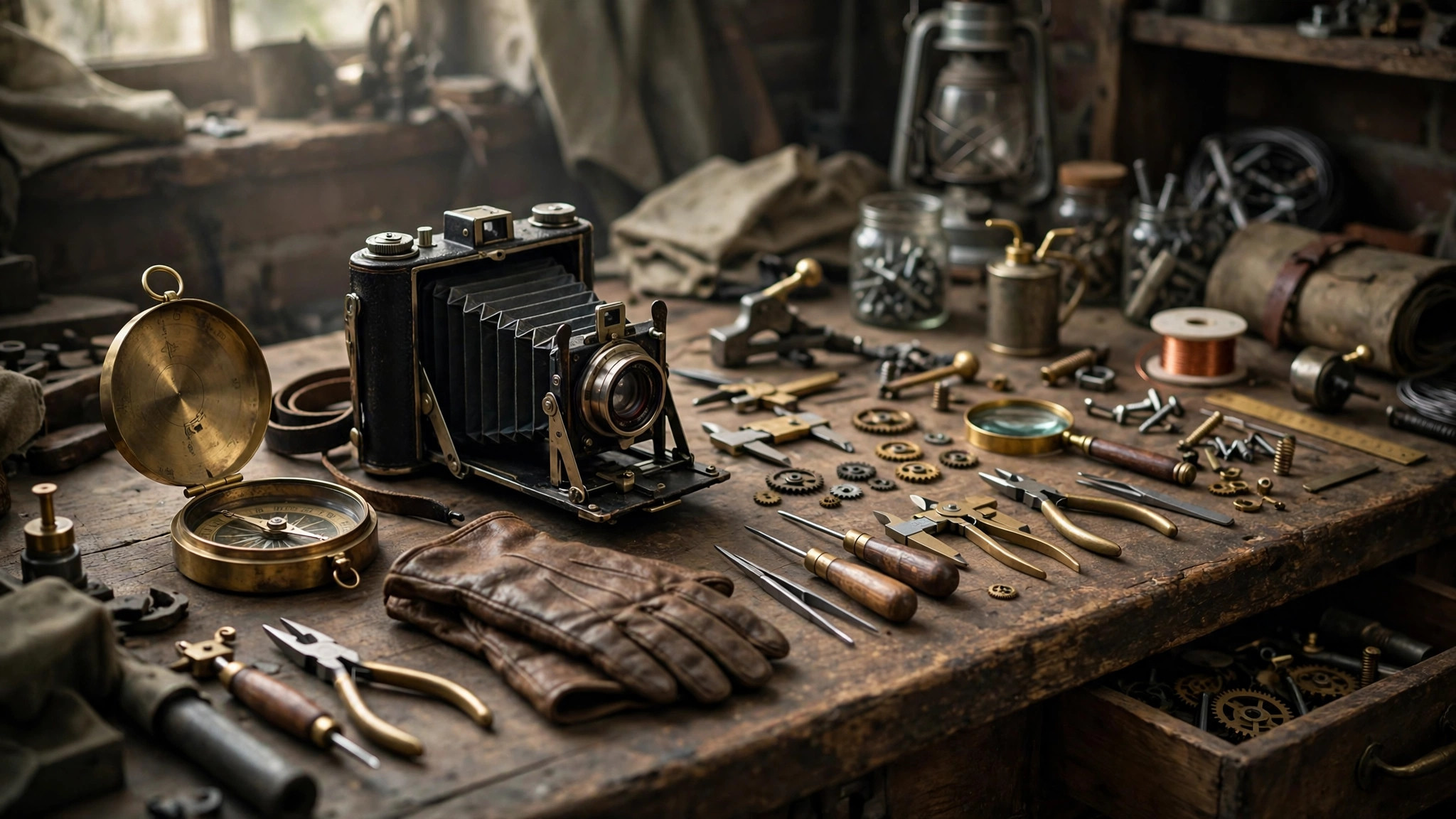 Vintage spy gadgets on a workbench, the real-world tools behind what does 007 mean in James Bond