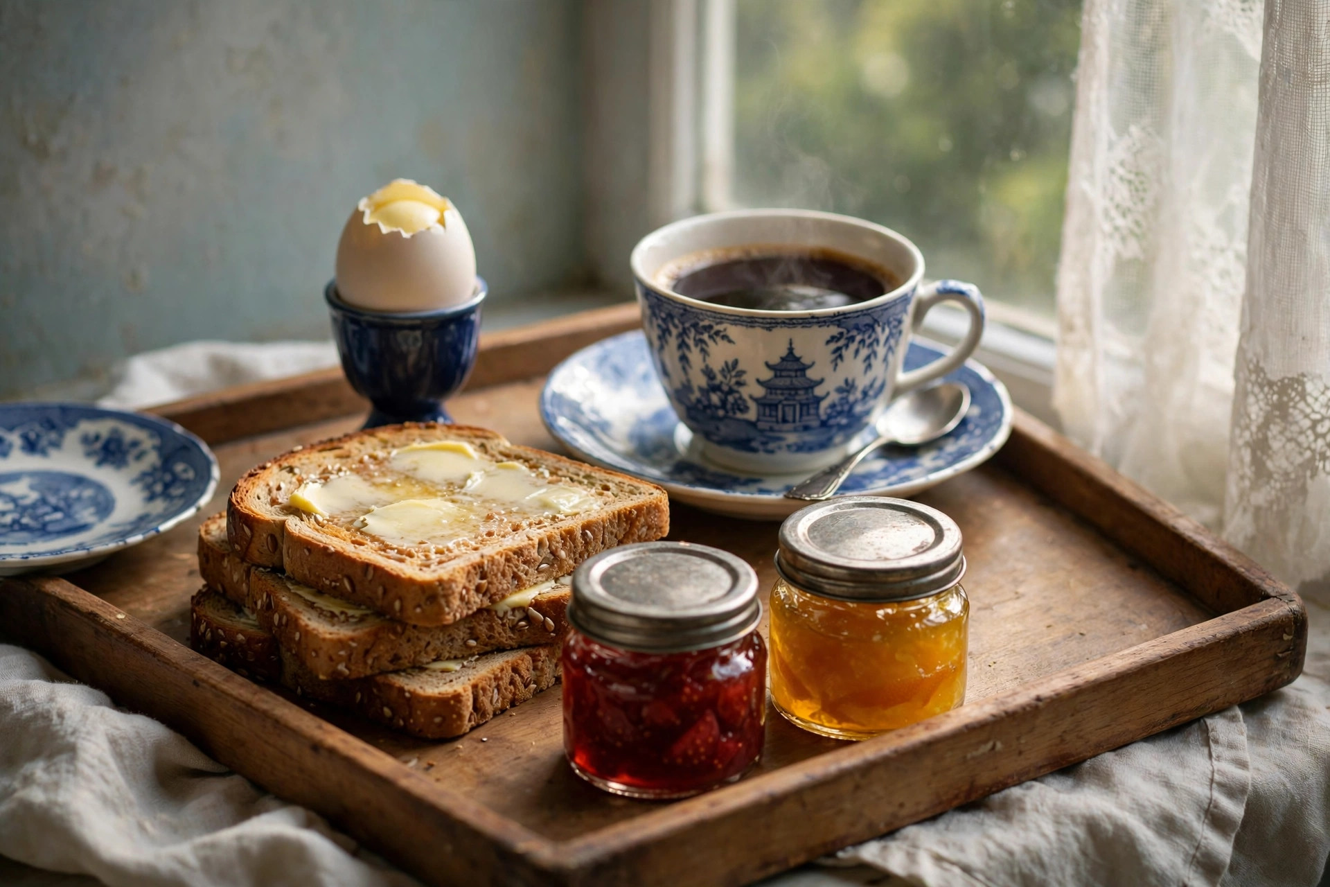 James Bond breakfast tray with coffee boiled egg toast and marmalade