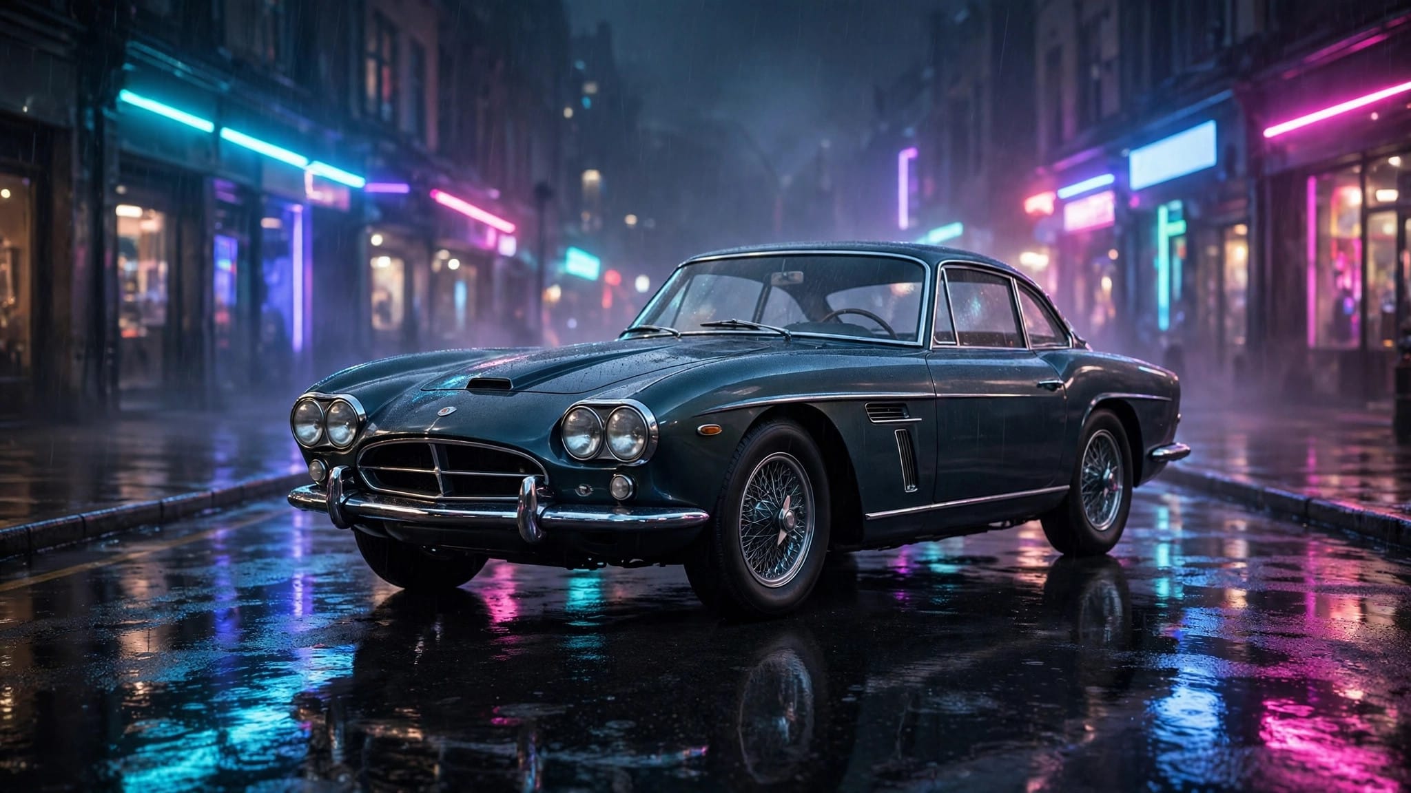 Classic spy car on a neon-lit street at night — James Bond video games cinematic artwork