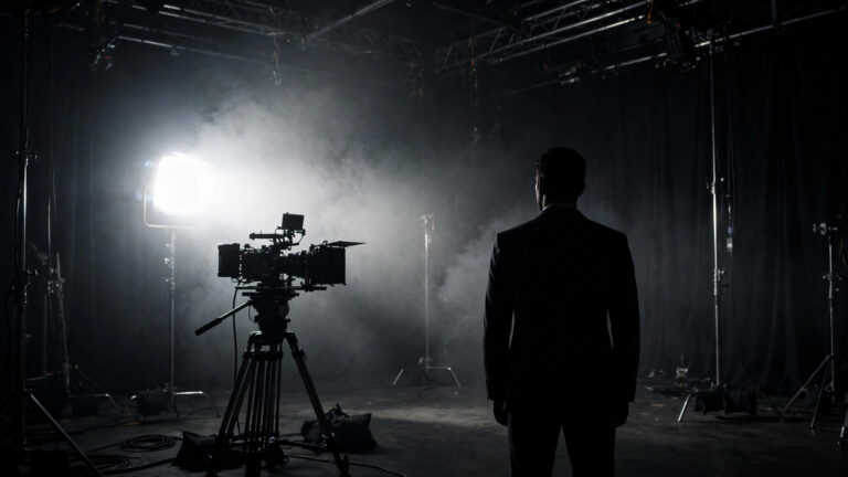 James Bond mystery fourth actor: silhouetted actor facing screen-test lights in a dark film studio