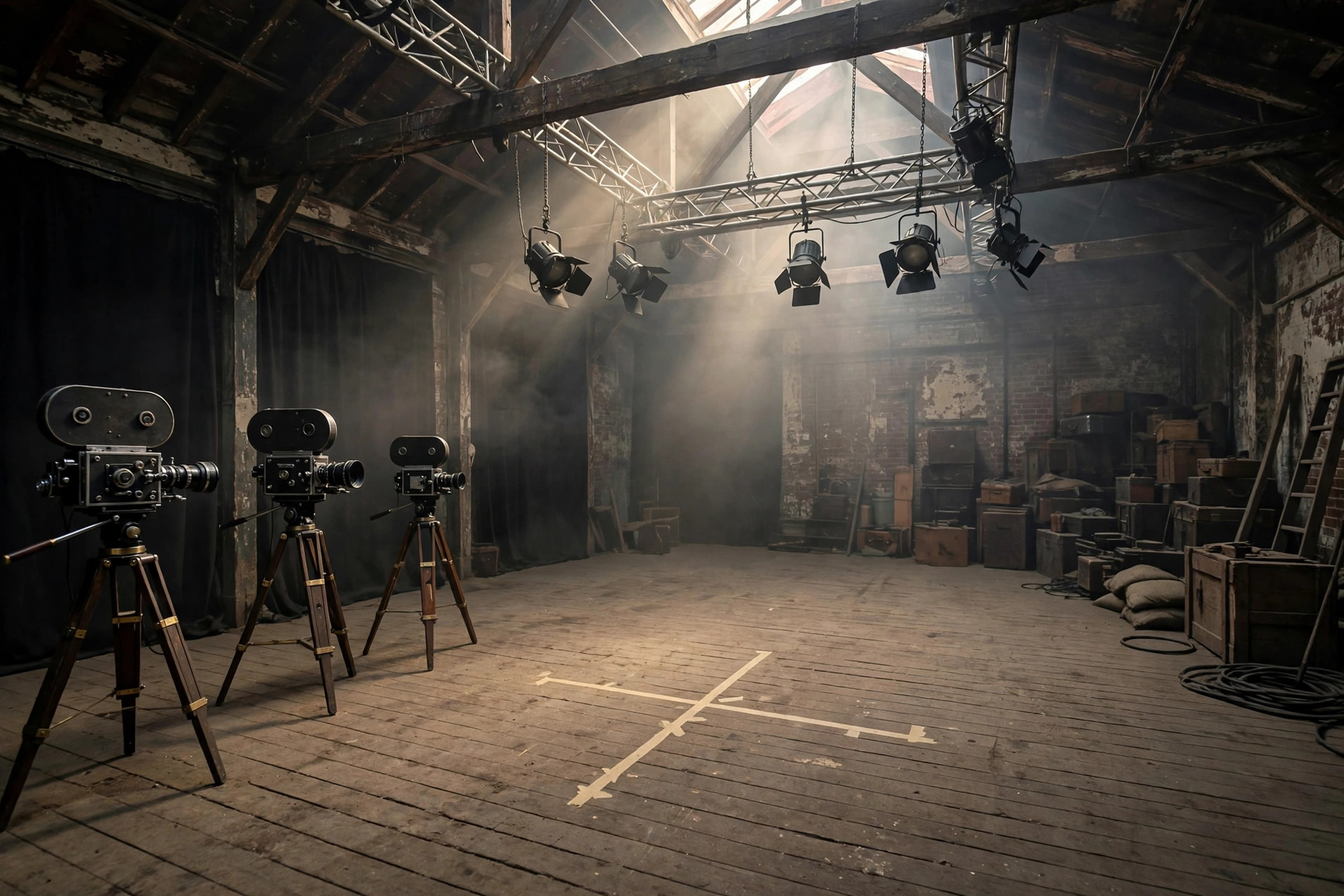 James Bond mystery fourth actor screen test at an empty film studio with cameras and lighting rigs