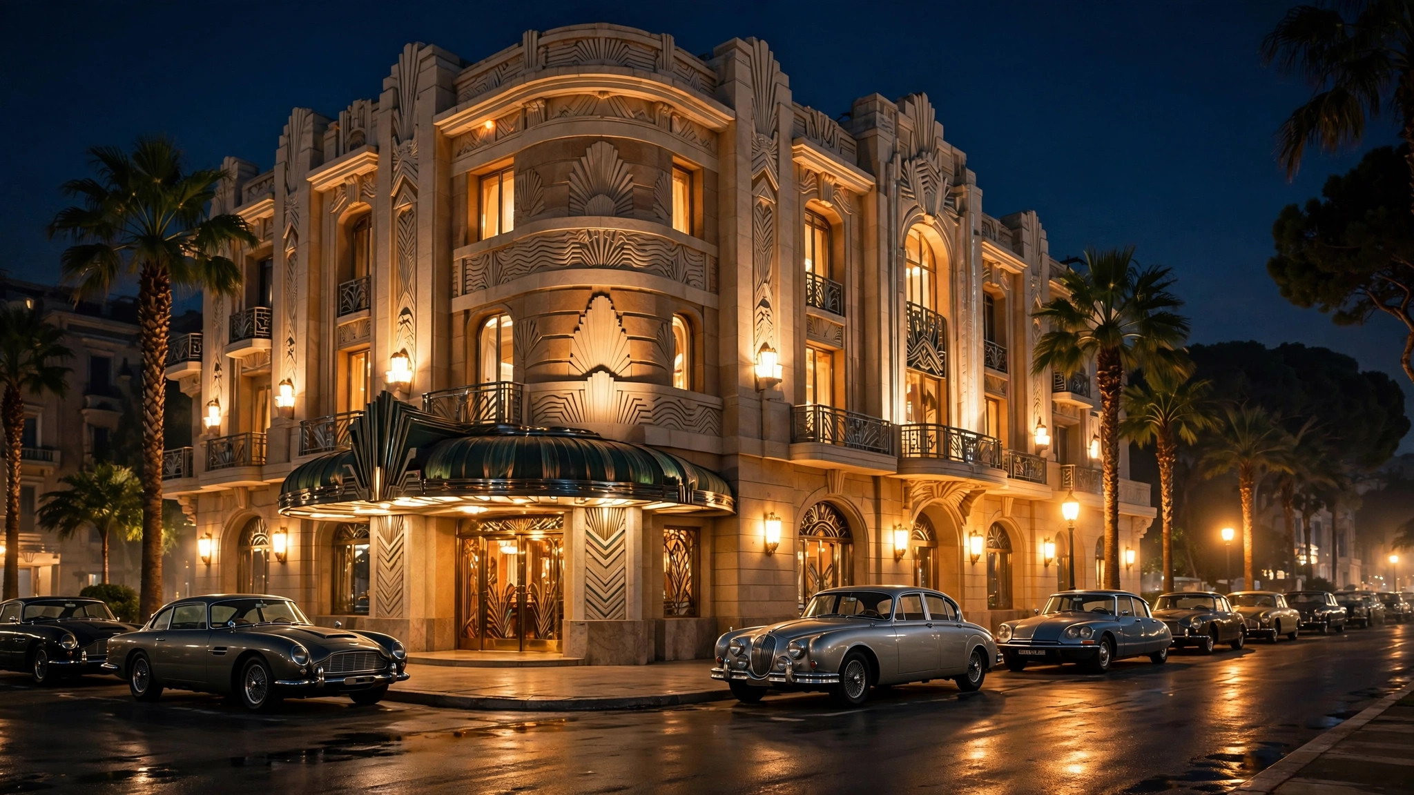 1960s Monte Carlo style casino at night evoking the 1967 Casino Royale spoof that introduced Mata Bond, James Bond's daughter
