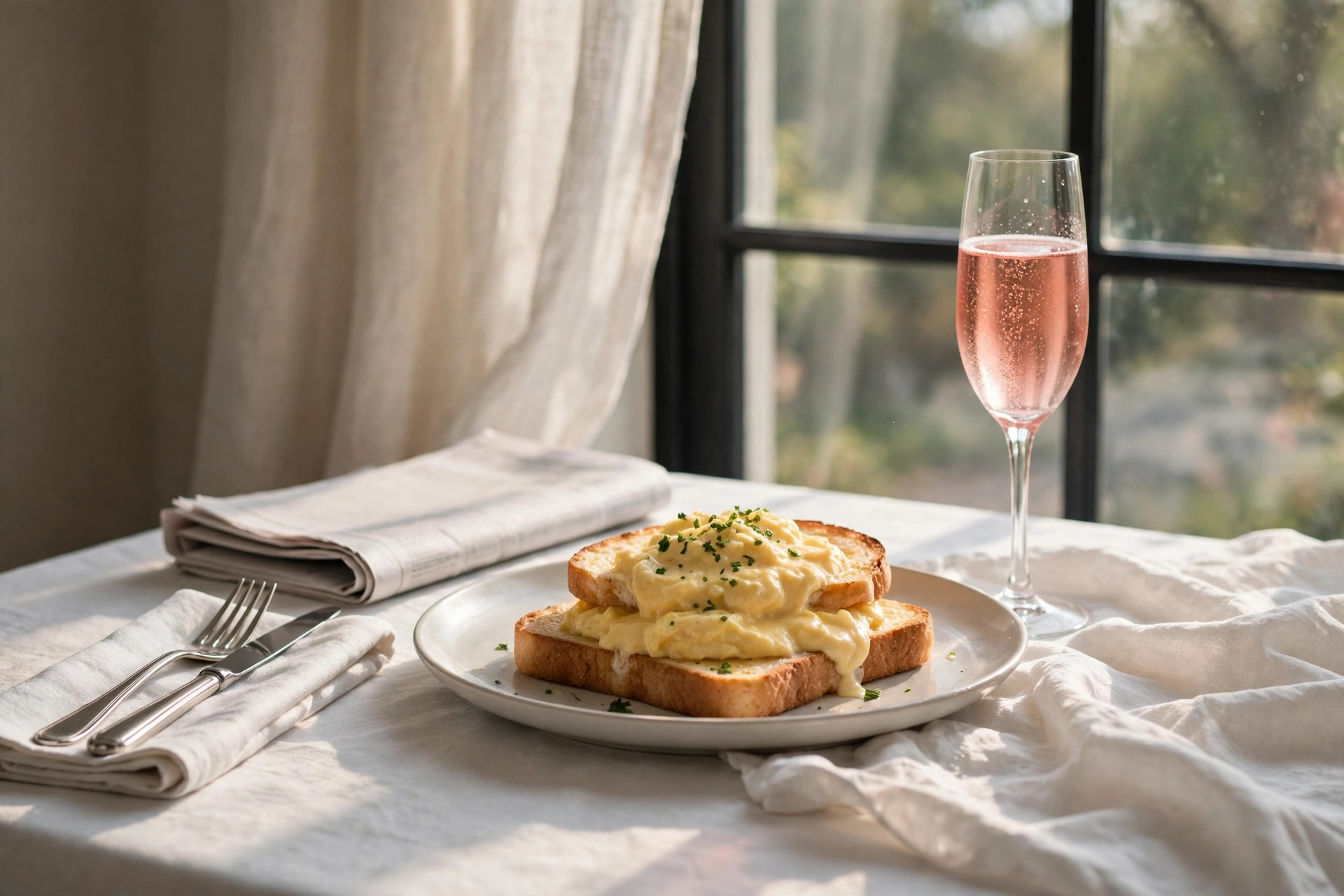 Elegant breakfast table with James Bond scrambled eggs on toast and sparkling wine