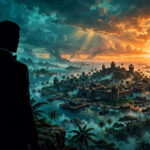 007 First Light Switch 2 release date key art style illustration of a tuxedo spy silhouette overlooking a tropical island at sunset
