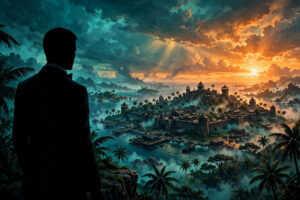 007 First Light Switch 2 release date key art style illustration of a tuxedo spy silhouette overlooking a tropical island at sunset