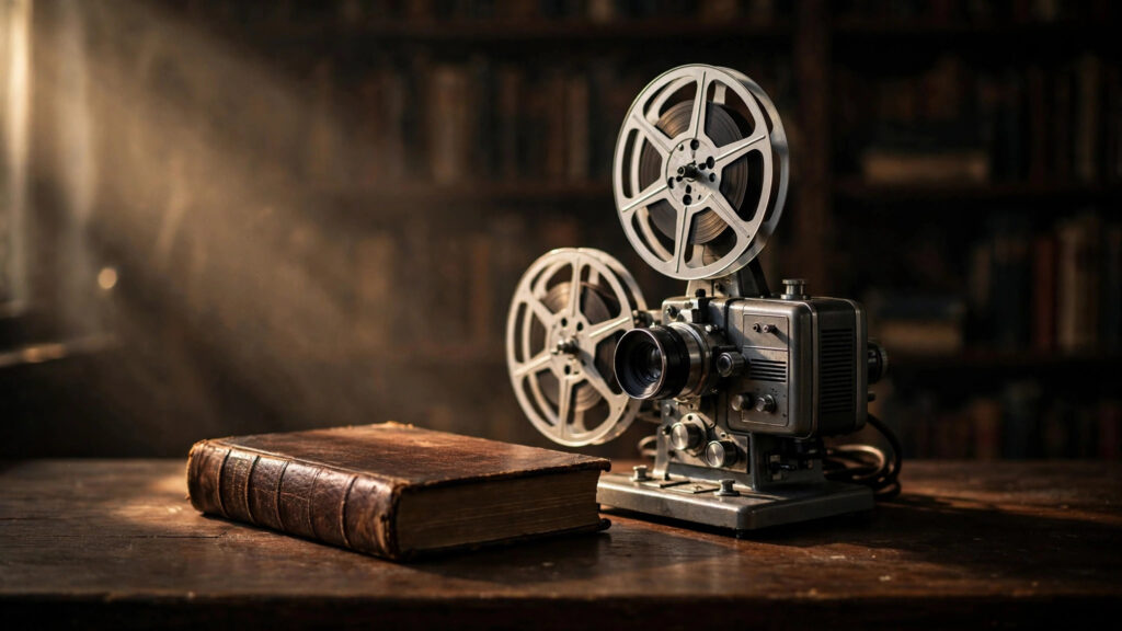 James Bond books vs movies — vintage hardcover book and film projector in a dark library