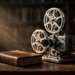 James Bond books vs movies — vintage hardcover book and film projector in a dark library
