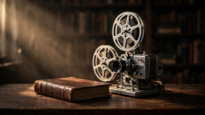James Bond books vs movies — vintage hardcover book and film projector in a dark library