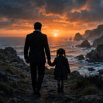 Does James Bond have a daughter — silhouette of a tuxedoed spy holding a little girl's hand at sunset, representing Bond and his daughter Mathilde Swann