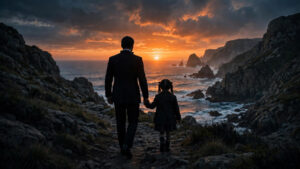 Does James Bond have a daughter — silhouette of a tuxedoed spy holding a little girl's hand at sunset, representing Bond and his daughter Mathilde Swann