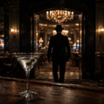 James Bond pickup lines — tuxedo silhouette entering a casino