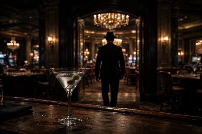 James Bond pickup lines — tuxedo silhouette entering a casino