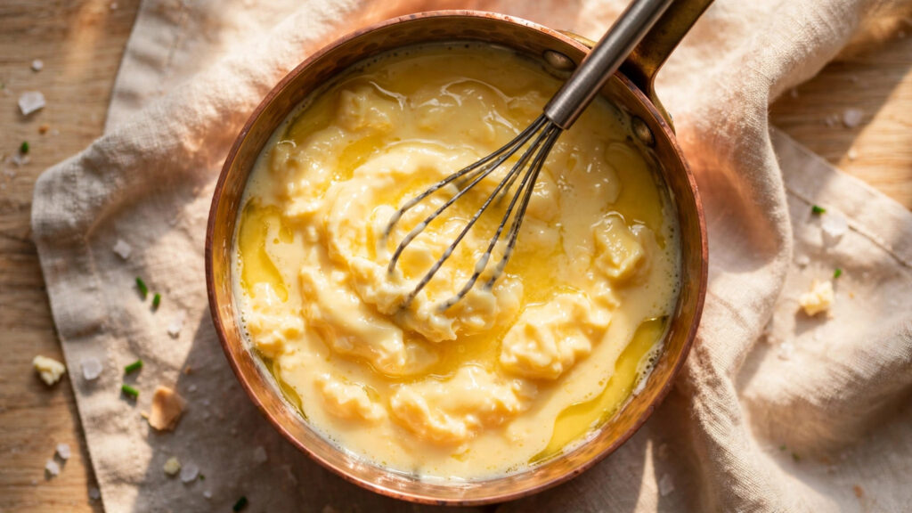 James Bond scrambled eggs recipe cooking in a copper pan