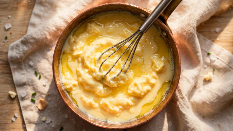 James Bond scrambled eggs recipe cooking in a copper pan
