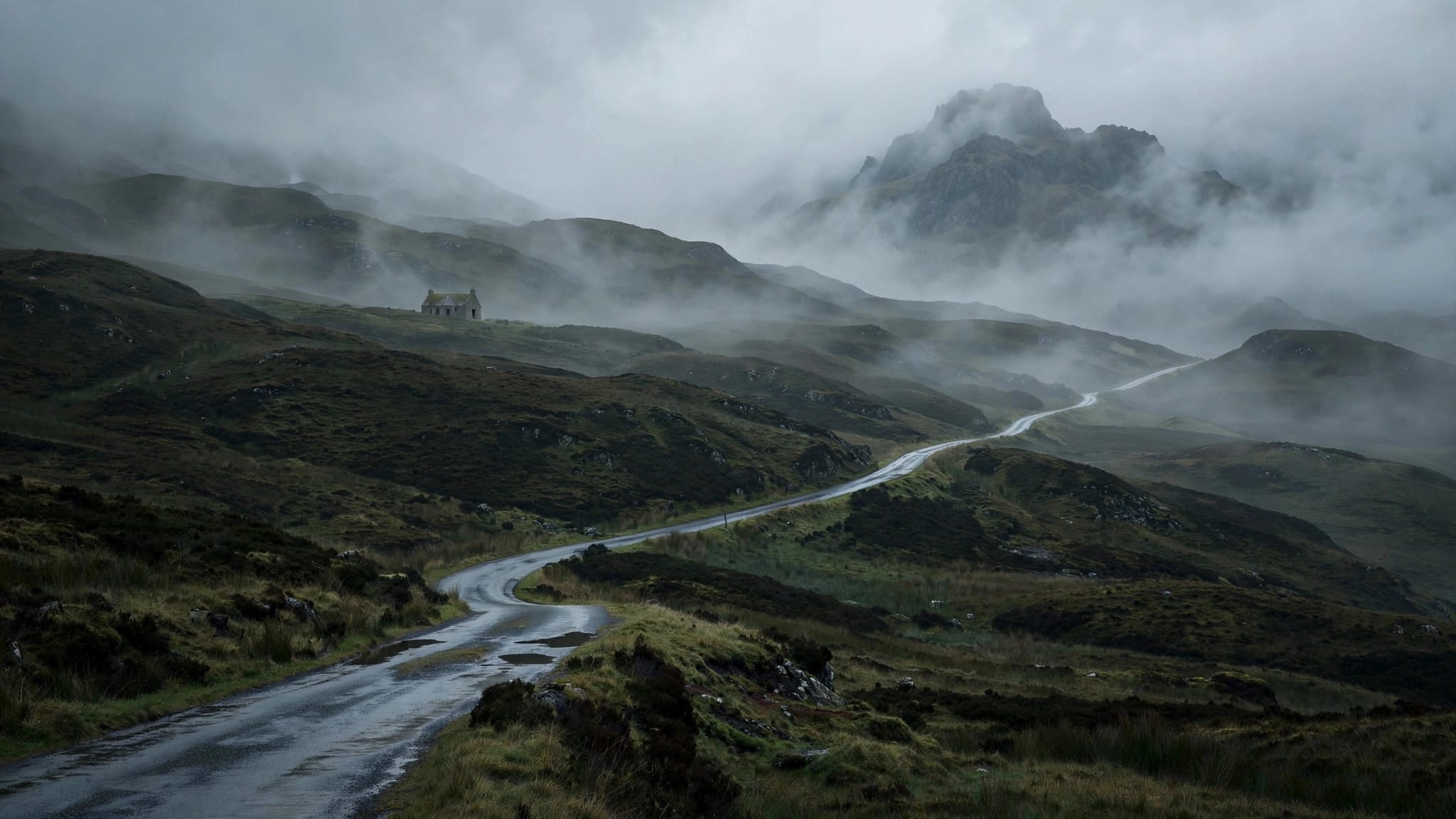 Misty Scottish Highlands road through Glen Etive, a James Bond Skyfall filming location you can visit
