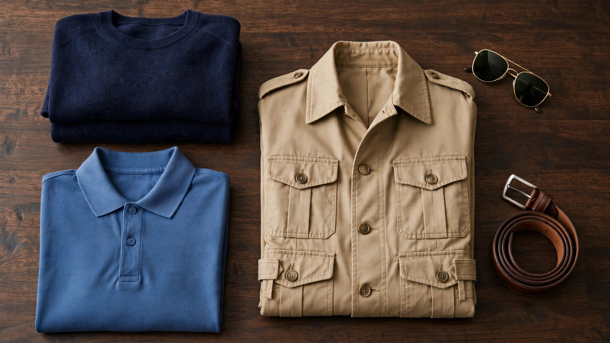James Bond casual style essentials — cashmere knitwear, polo shirt and safari jacket