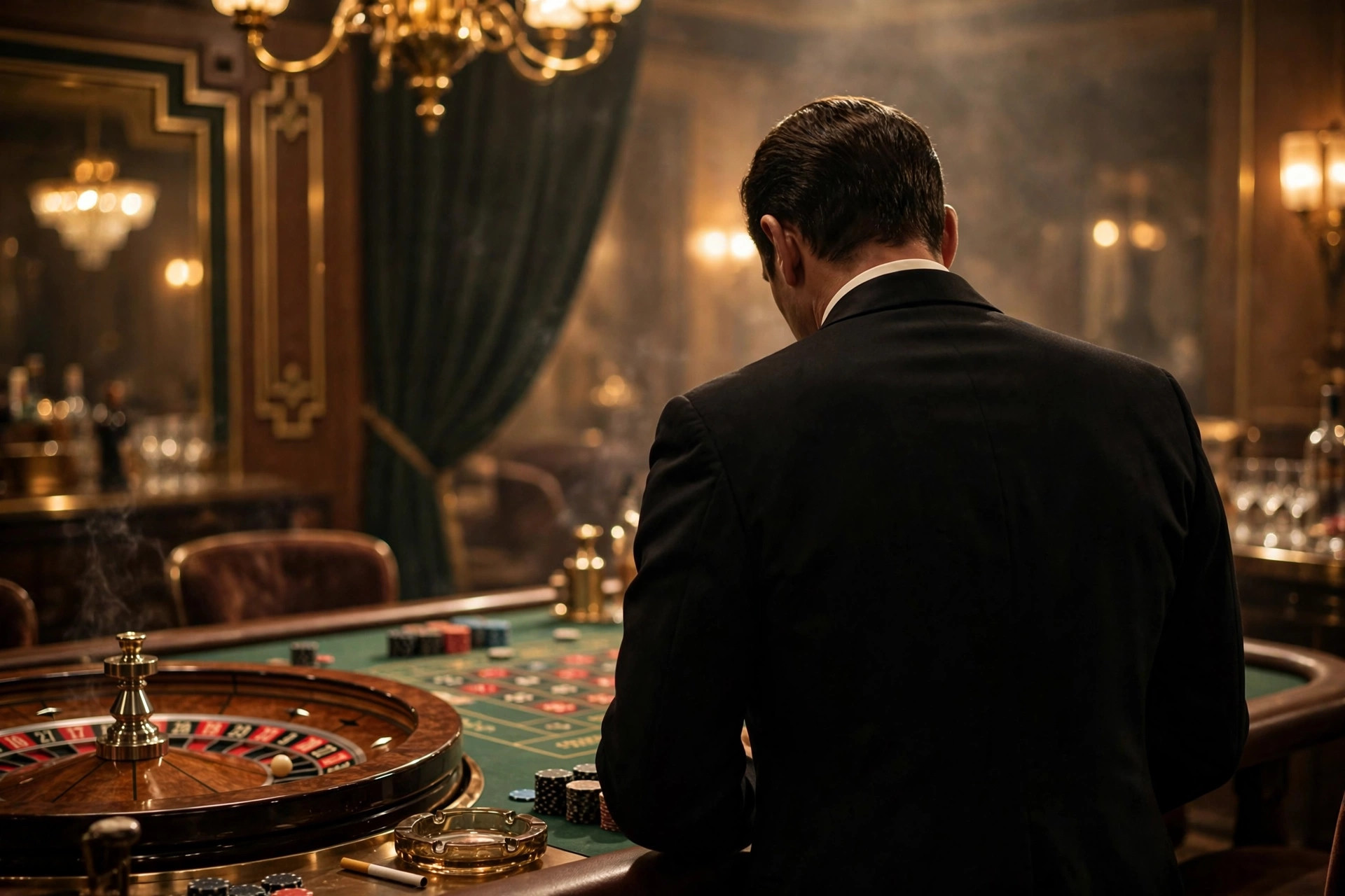 James Bond dinner jacket style — black tuxedo with bow tie at a casino