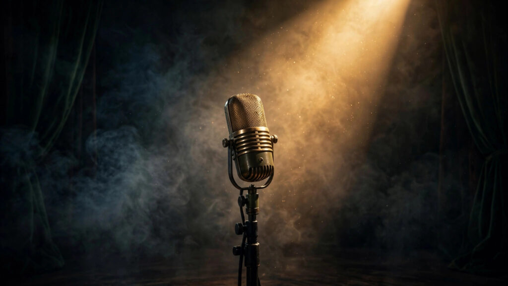 james bond theme songs ranked — vintage microphone under spotlight on dark smoky stage
