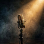 james bond theme songs ranked — vintage microphone under spotlight on dark smoky stage