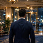 How to dress like James Bond — tailored navy suit in a luxury hotel lobby