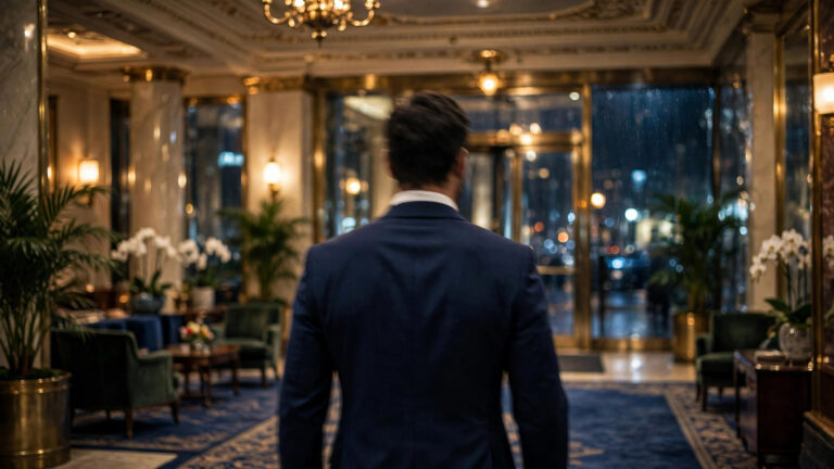 How to dress like James Bond — tailored navy suit in a luxury hotel lobby